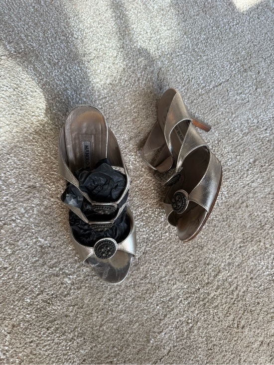 Manolo Blahnik Shoes - Vintage Manolo Blahnik Metallic Silver Embelished Sandal Heels